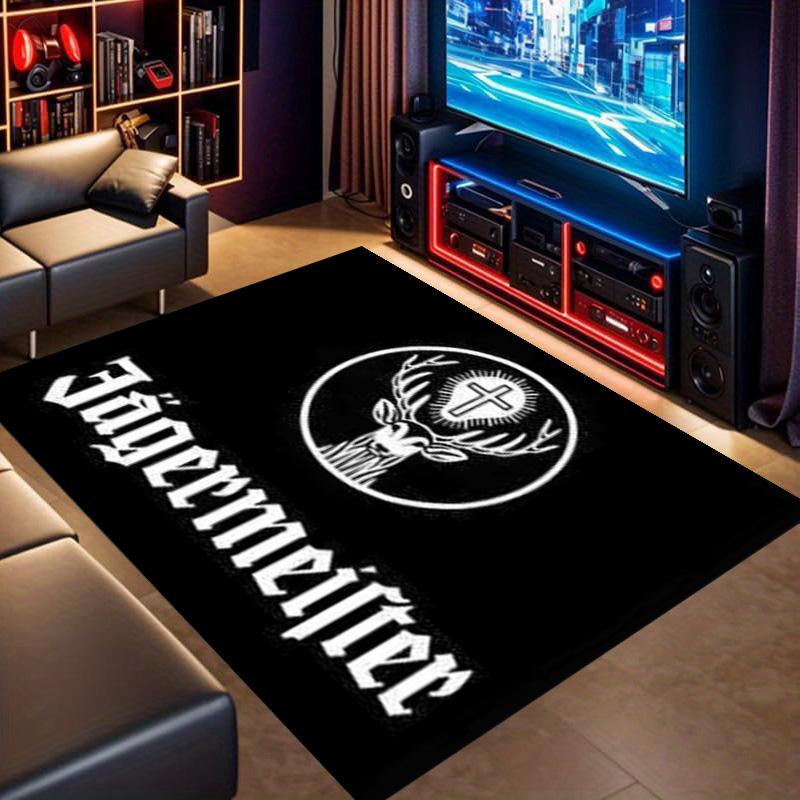 Tappeto Area Stampa Logo Cervo Jagermeister Sfondo Nero Vintage Bar Tappetino Pavimento Rettangolare Antiscivolo Man Cave Stanza dei Giochi Soggiorno Camera da Letto Tappeto Decorazione Casa