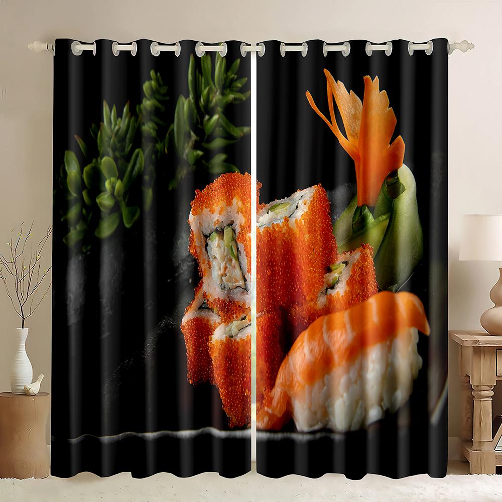 Funny Japanese Food Sushi Print Curtains for Kids Living Room Bedroom Kitchen Window Drape Right Biparting Open Drapes 2 Panels