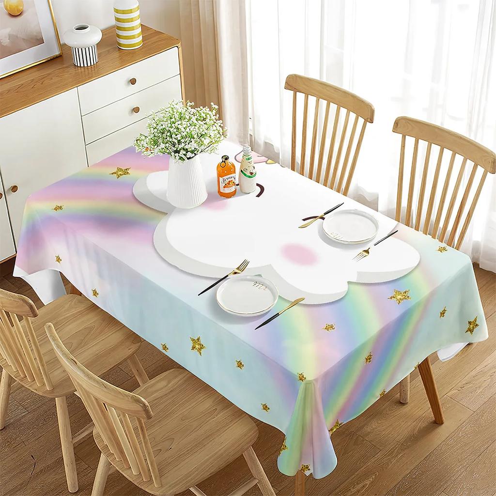 Cartoon White Cloud Rainbow Pattern Tablecloth Cute Cloud Rectangular Table Cover for Party Living Room Dining Room Decoration