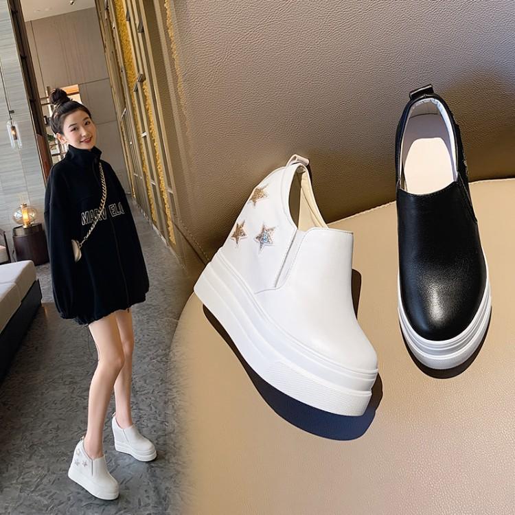Leather Platform White Shoes Women's 2025 Spring and Autumn Models, Star Versatile Women's Shoes, Height Increase Within 12cm, Waterproof Table Muff