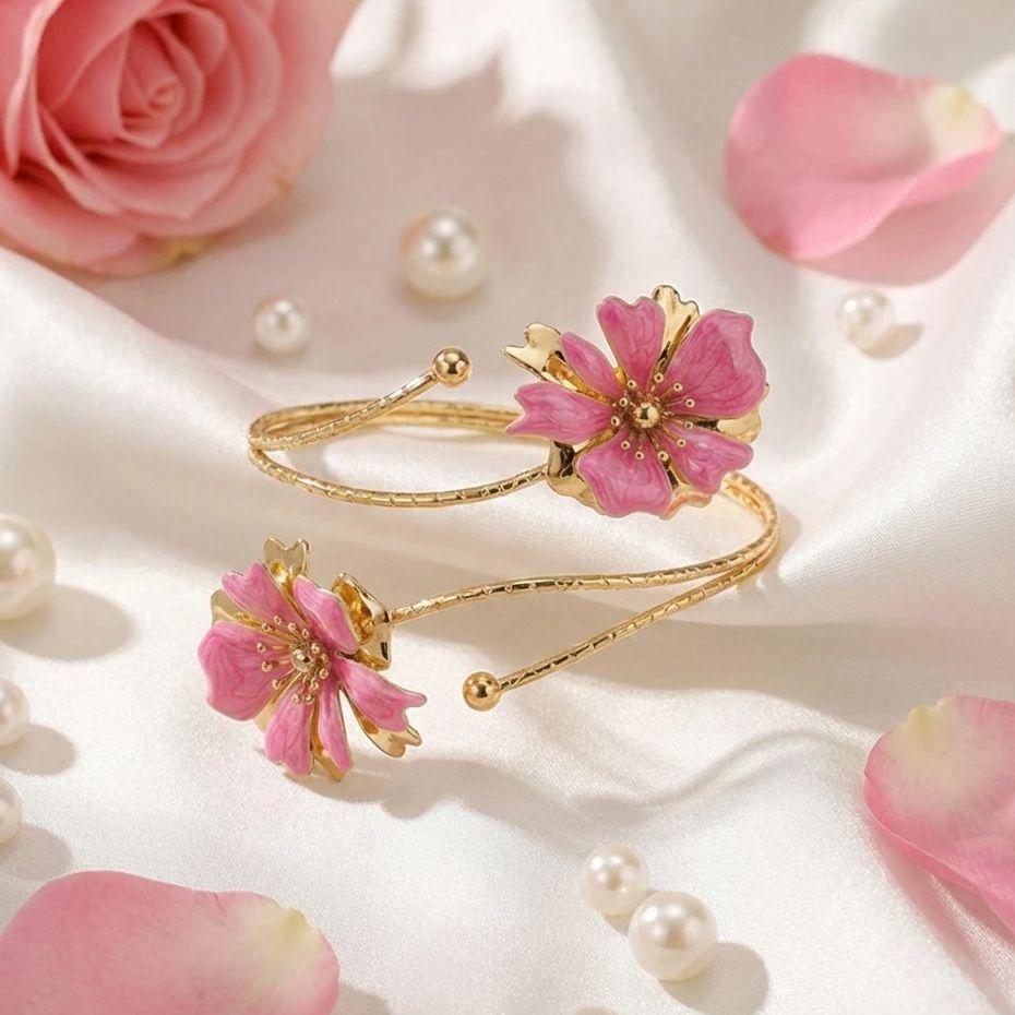 Gold Color Spiral Upper Arm Cuff Bracelet for Women Pink Enamel Flower Armlet Bracelet Fashion Summer Body Jewelry Gifts