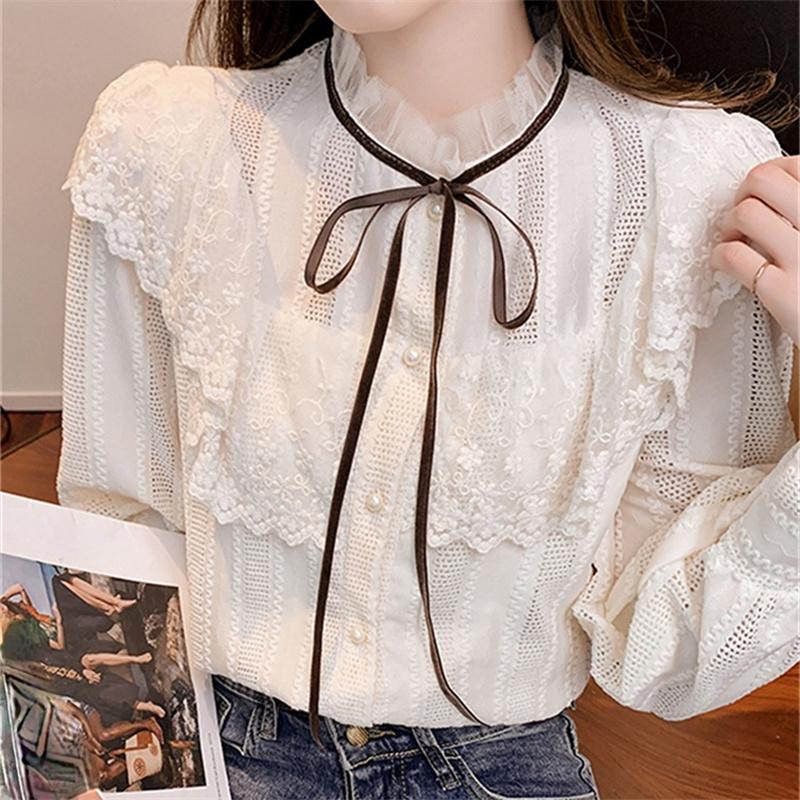 Autumn Winter Womens Tops and Blouses 2022 Cotton Blouse Button Solid Stand Collar Ladies Lace Tops Women Shirts Blusas Feminine