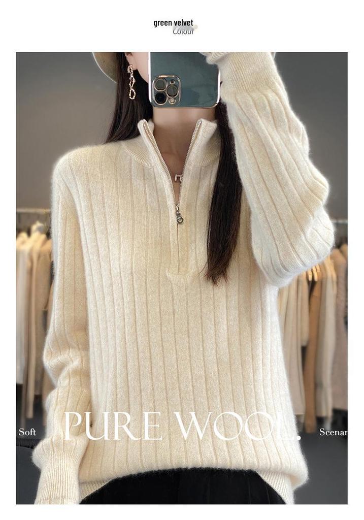 Women's Heavy-Duty Half-Zip Cable Knit Wool Sweater - Warm, Thickened Stand Collar for Autumn & Winter