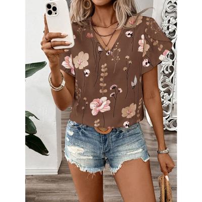 Elegant Casual Women's Shirt Summer V-neck Print Ruffled Sleeve Shirt
