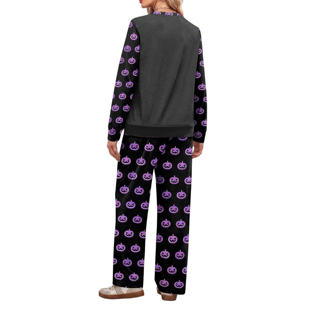 Women's Casual Loose Fit Crewneck Halloween Print Sweatshirt and Pants Set