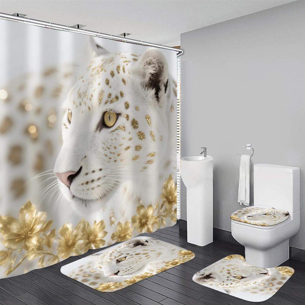 Set Tenda da Doccia da 4 Pezzi con Tappetino Antiscivolo per Bagno, Copriwater, Tappeto Sagomato e 12 Ganci, Bagno