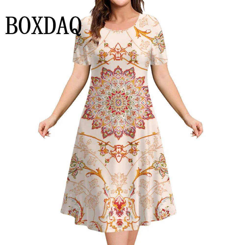 Damen Sommerkleid Retro Ethnisch Rundhalsausschnitt Kurzarm Geblümt 3D Gedruckt Locker Übergröße Damenkleider Vestidos Modekleidung