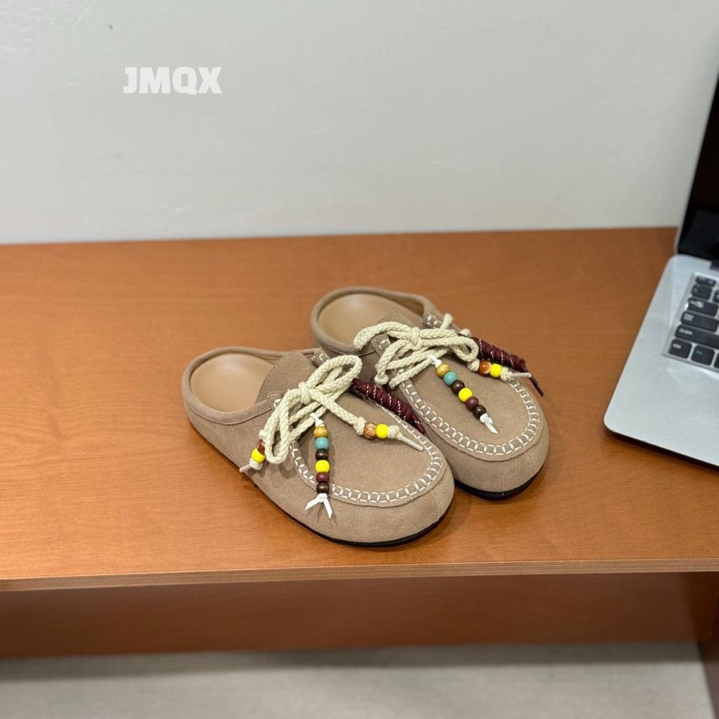 New lanyard beaded slippers baotou half drag autumn thick bottom one pedal casual lazy woman