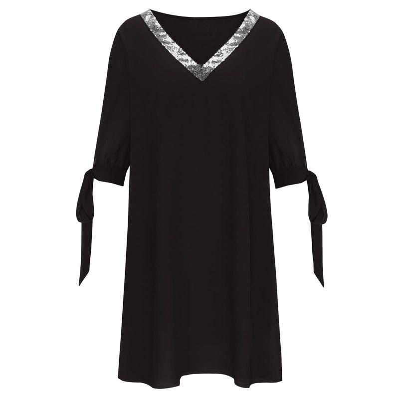 

Fashion Style Fashionable Sequins V-neck Stitching Pure Color Tied Chiffon Elegant Elegant Loose plus Size off-Shoulder Dress Black S