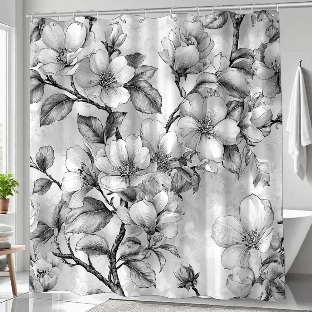 

Black And White Floral Patterned Shower Curtain, Polyester Fabric, Machine Washable, With Hooks, Suitable For Bathroom Dcor. W60H190(CM)-1 Pcs