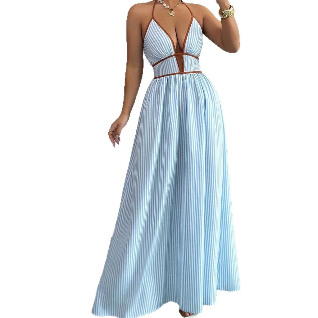 2025 New European and American Holiday Style Striped Neck Halter Dress Summer Slim and Thin Dress