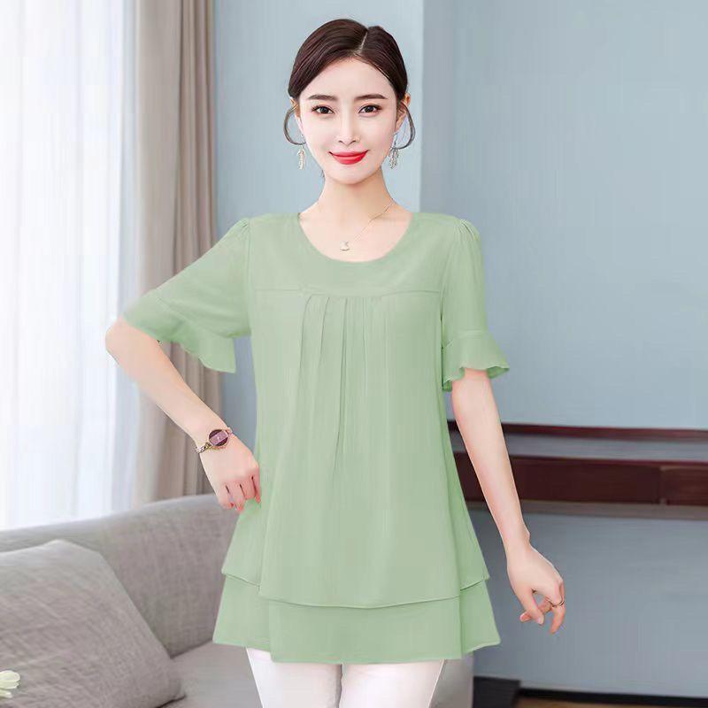 Chiffon Short Sleeved Top Women's Summer Size Loose and Elegant Small Shirt