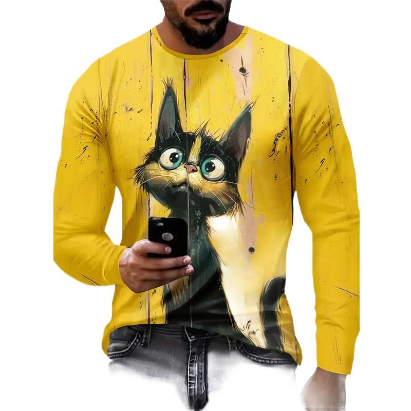 Spring and Autumn Round Neck Cute Animal Pattern 3D Printed Top Fashionable Casual Long Sleeved Men's T-shirts