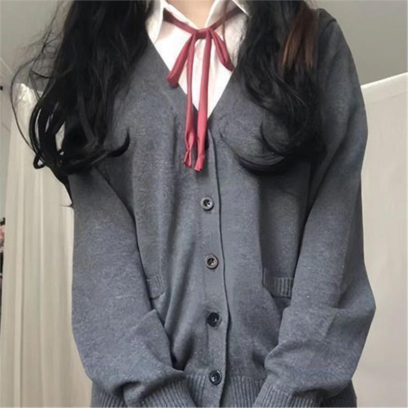 

Японский кардиган с V-образным вырезом в стиле JK, вязаный, с длинным рукавом, свободного кроя для женщин. M