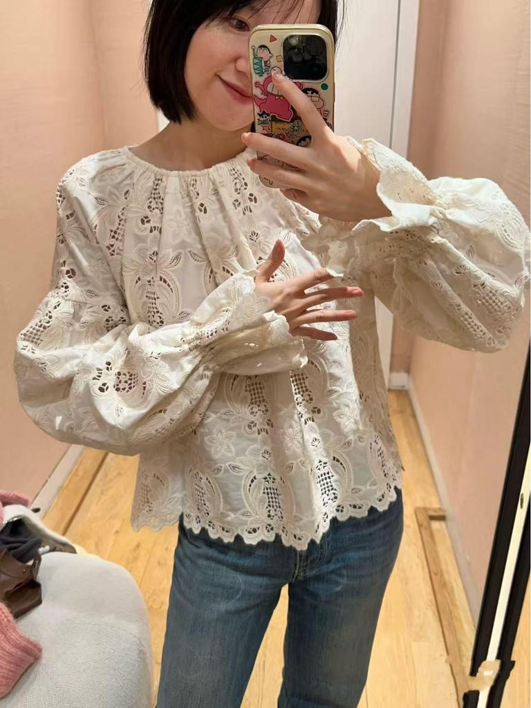 French Retro Lace Bell Sleeve Embroidered Top - Autumn/Winter Collection