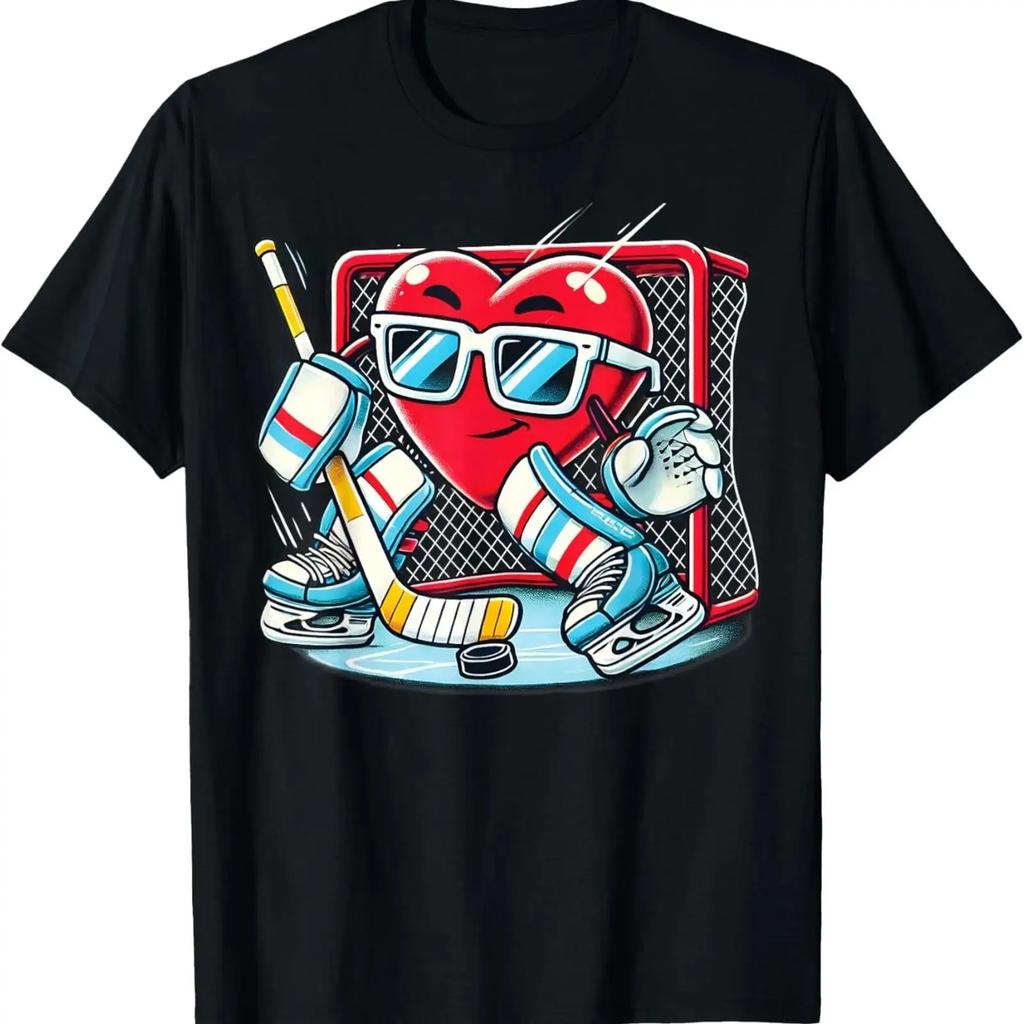 Heart Playing Hockey Goalie Valentines Day Boys T Shirt Vintage Homme Top For Everyday Wear Stretched Slightly Graphic
