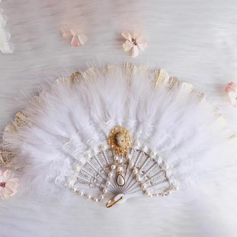 Perlweiß Federn Vintage Goldprägung Faltfächer Lolita Harajuku Gotischer Retro-Stil Tragbarer Handfächer Geschenke