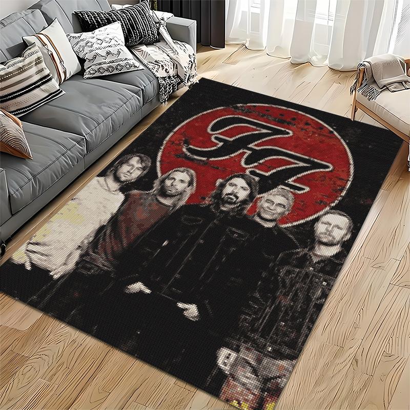 Rock Band Area Rug, Foo Fighters Band Members Red FF Logo Group Photo Mosaic Print, Rock Music Decor, Non-Slip Mat