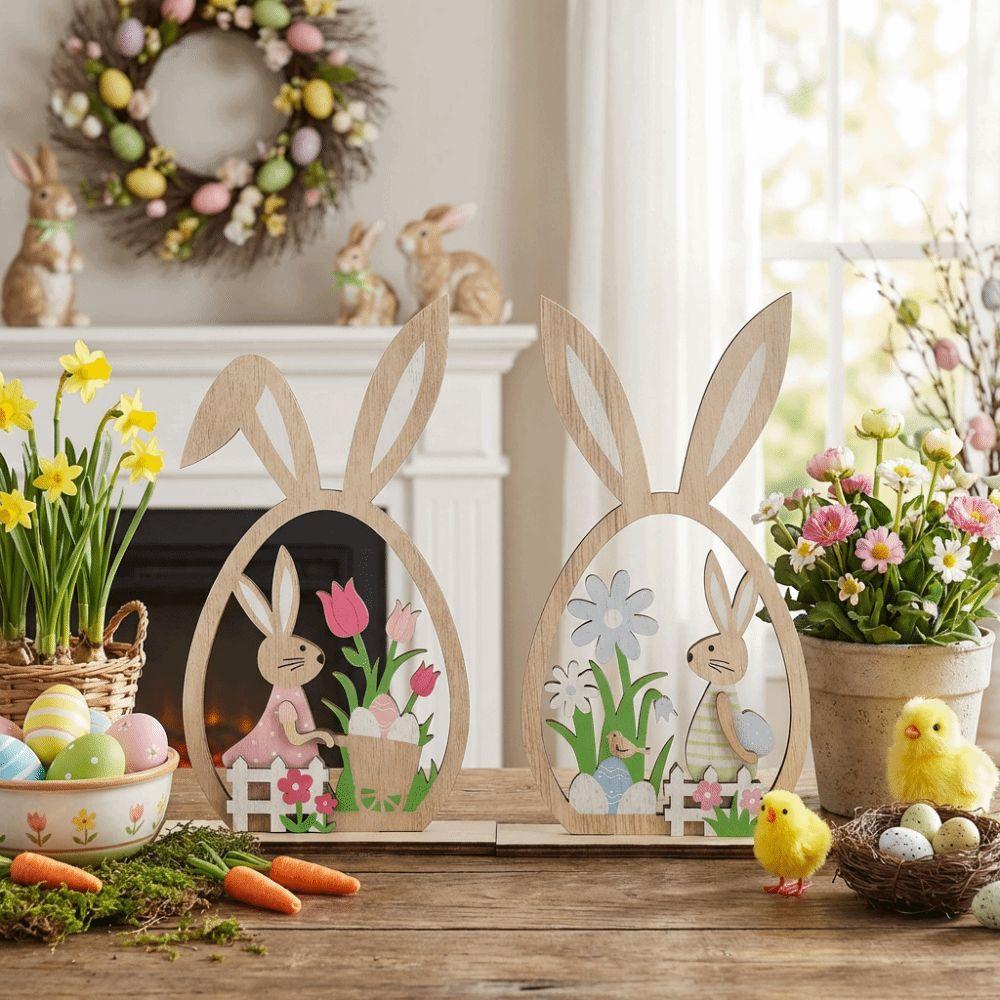 2Pcs Farmhouse Rustic Wooden Easter Rabbit Hand-Painted Easter Table Decor  Table Mantel