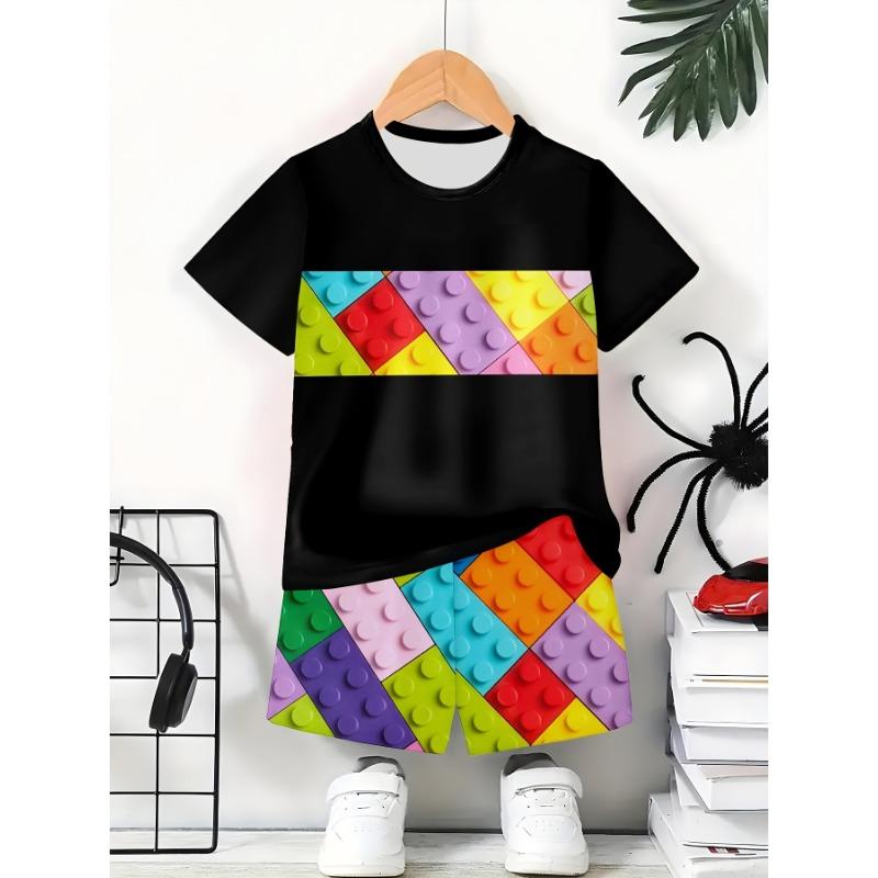 2025 Kinderbekleidung 3D Bunte Bausteine Sommer Tops Kinder Sets Kurzarm Kinder Trainingsanzug Sets Mode Jungen
