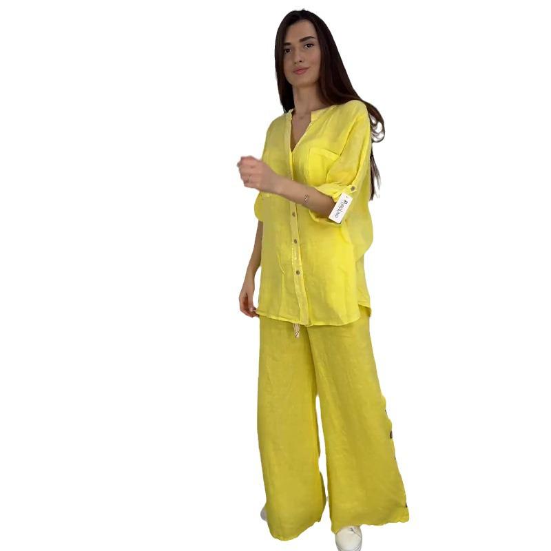 2024 Autumn Women’s Solid Color Fashion Hollow-Out Loose Shirt & Casual Long Pants Set