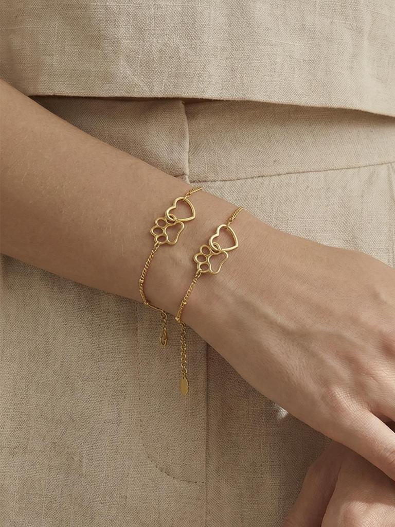 Stainless Steel Gold-Plated Cat Paw Heart Chain Bracelet - Cute & Versatile Fashion Accessory