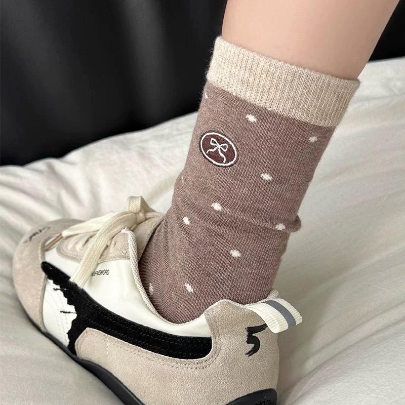Coffee-colored Socks, Women's Polka Dot Mid-calf Socks, Autumn Cotton Socks, Trendy Embroidered Bows, Cute Pile Socks