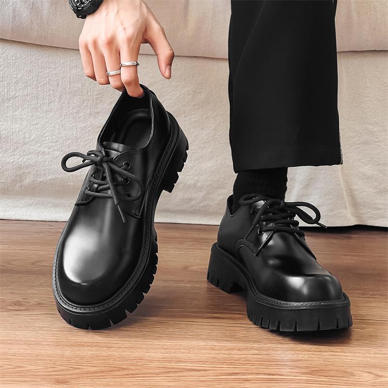 Round head Derby shoes men's high-end matte black big head shoes British platform heightening retro leather shoes 2112-J