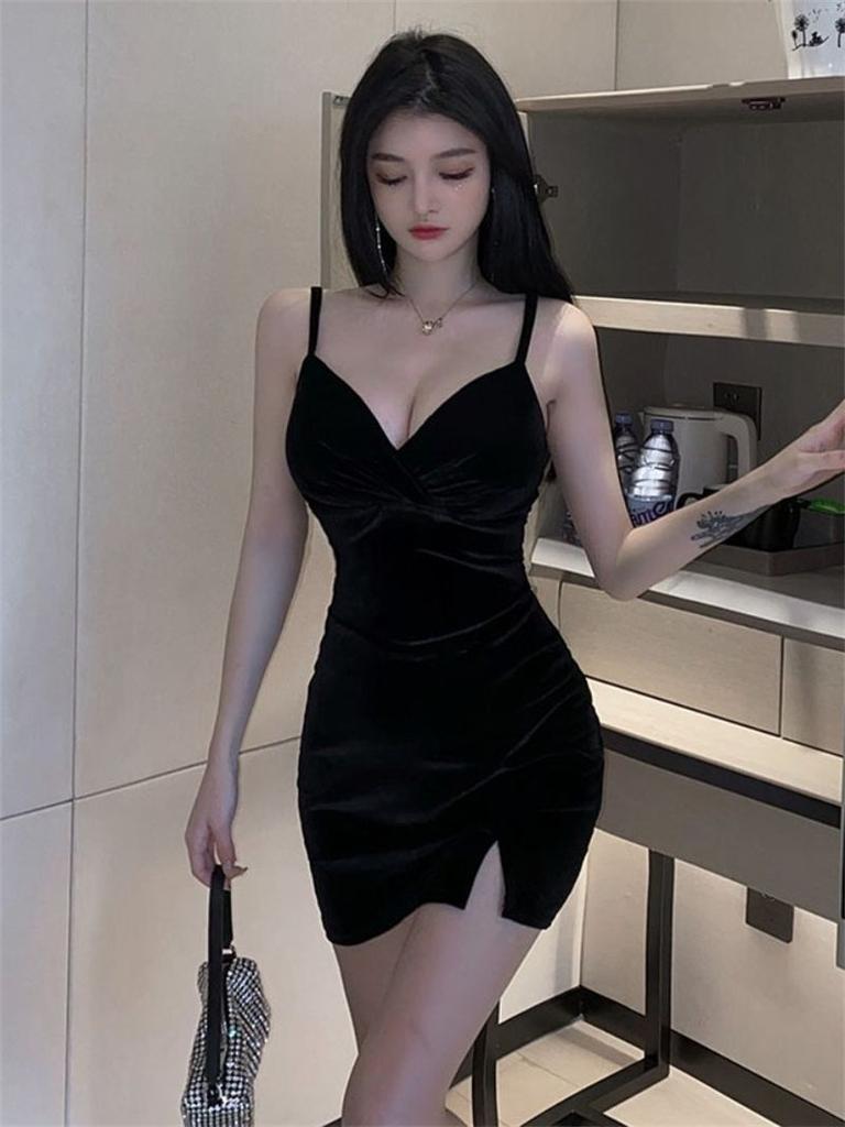 Sweet Spice Girls Golden Velvet Low Chest Suspender Dress Women's Summer Sexy Halter Split Hip Wrap Short Skirt