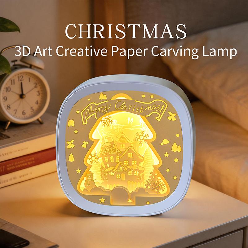 Xmas Party Present Creative 3D Christmas Scene Paper Sculpture Lamp for Warm Light Paper Art Shadow Box Bedroom Table Ornament