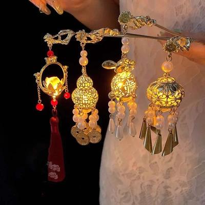 Chinese Style Luminous Lantern Hair Sticks for Women Kids Retro Metal Lotus Flower Tassel Hair Pin Clips Hair Accessories