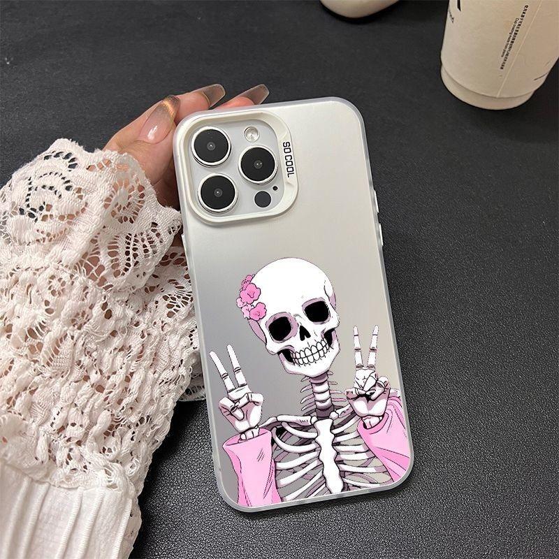 Cute Pink Flower Skeleton Phone Case, Peace Sign Skull Print, Shockproof Matte Phone Cover