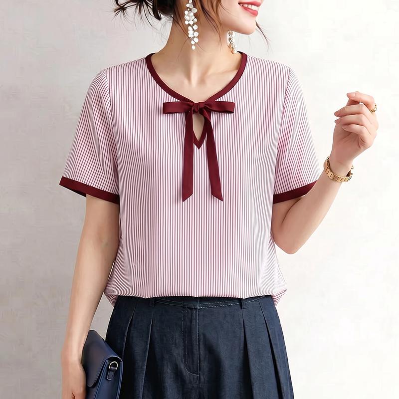 ZANZEA Women Casual Round Neck Loose Short Sleeve Stripe Blouse