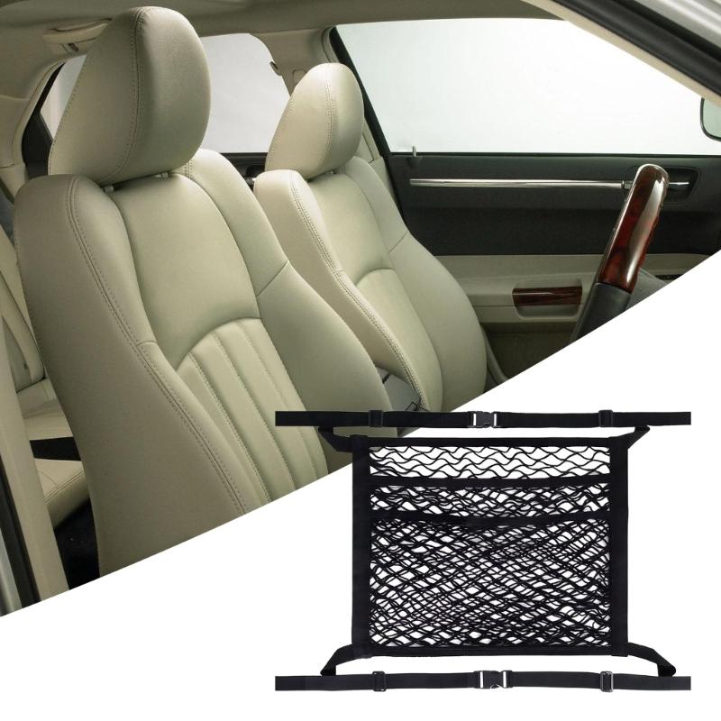 Vehicle Seat Back Storage Net, 3 Pocket Elastic Mesh Panel with Reinforced Edges and Seat Mount Belts for Cars