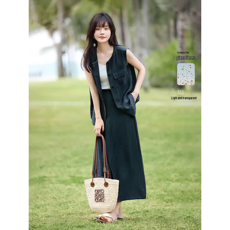 Women's Urban Commute Shirt Vest & Slit Skirt Set