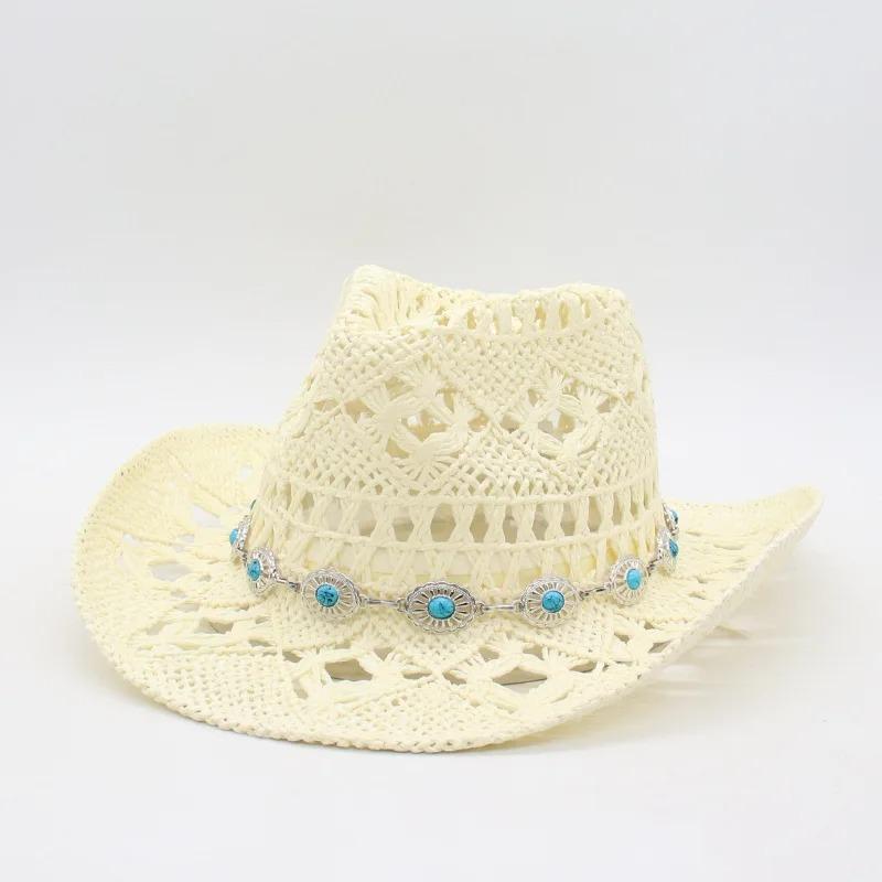 1Pc Summer Bohemian Shell Straw Hat Beach Women Men Cowboy Hats Wooden Beads Hollow Out Western Wide Brim Sun Hat Holiday Cap