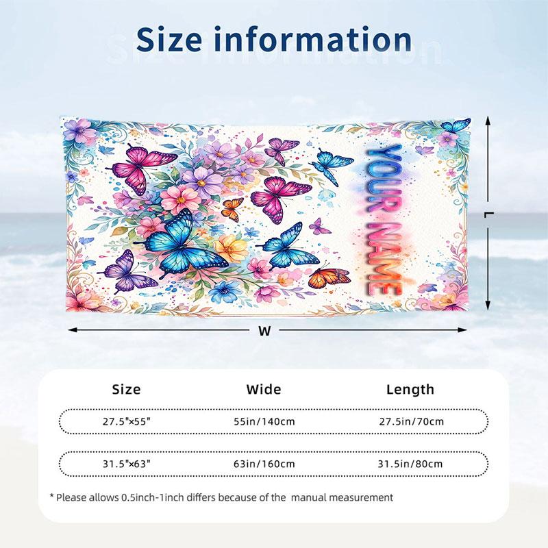Butterfly Theme Beach Towel Personalized Custom Name & Text Soft Quick Dry Beach Towel for Swimming Travel