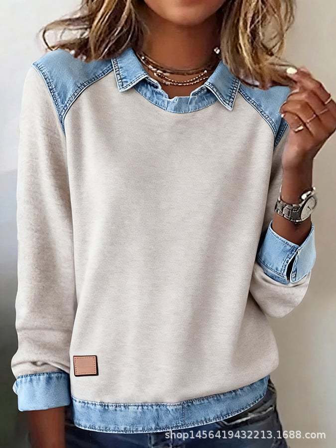 Abbigliamento donna europeo e americano ins colletto in denim maniche lunghe, maglione top a pullover con splicing in maglia