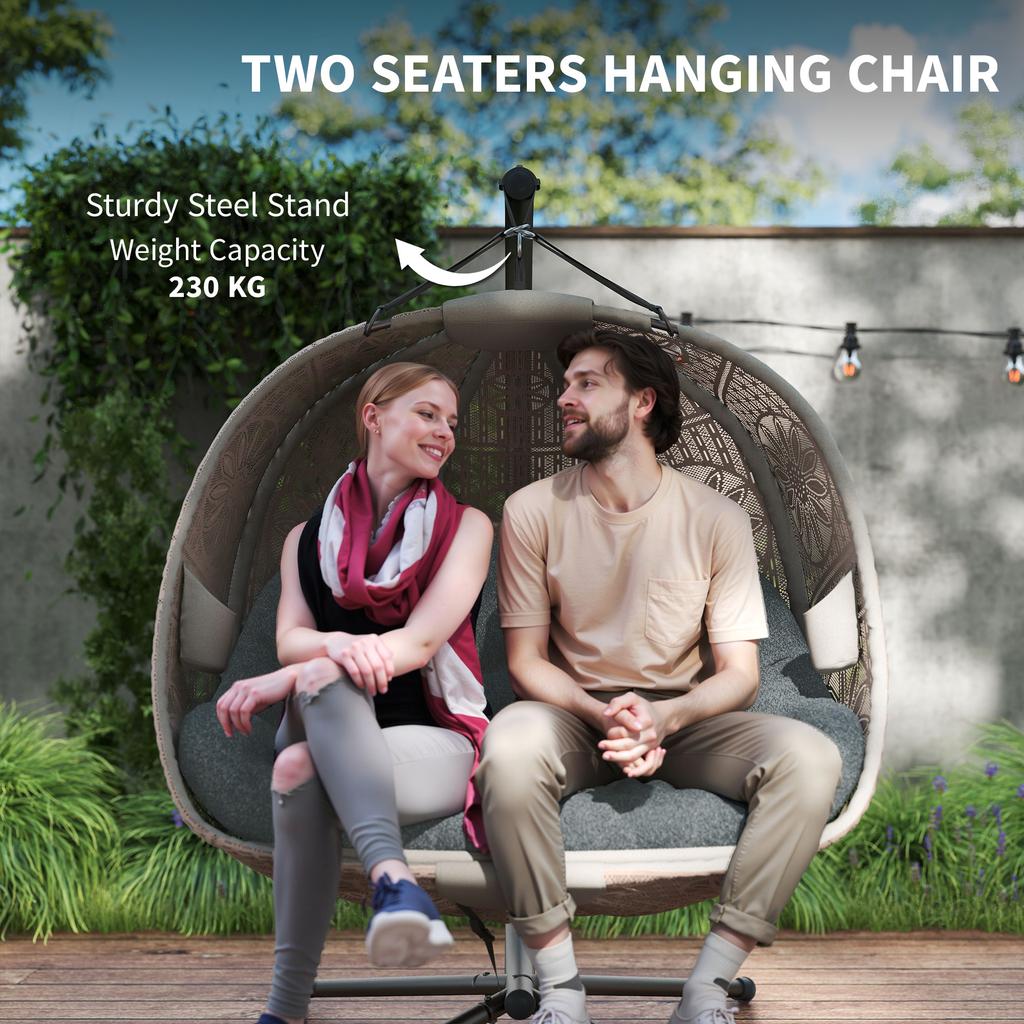 Hanging Chair with Stand, Egg-Shaped Hanging Swing with Removable Washable Cushion, Hammock for 2 People, Swing Chair Indoor Outdoor, Sand+Black