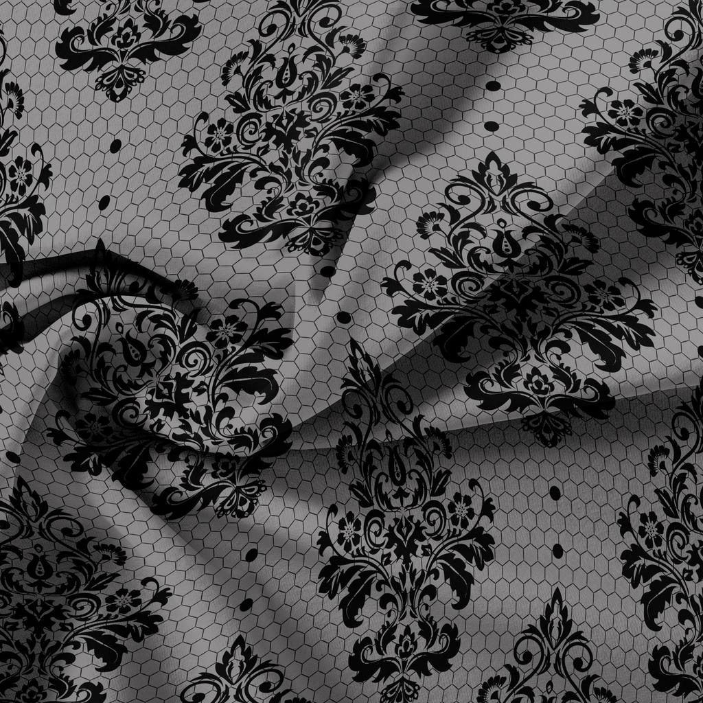 3Pcs Gray Background Black Damascus Pattern Duvet Cover (Includes 1 Duvet Cover & 2 Pillowcases) Black Flower Honeycomb Pattern