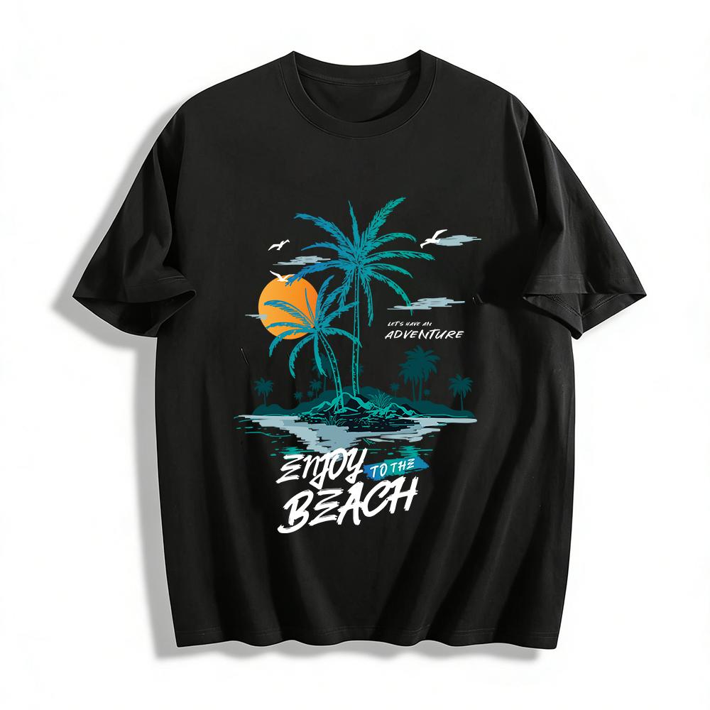 Tropical Island Coconut Tree Sunset Vacation Printed Casual T-Shirt Pure Cotton T-shirt