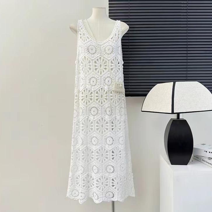 DIMANAF 2025 New Dress Women Knitting Lace Long Hollow Out Sexy Vest O-Neck Hollow Summer Style Tops Tees Loose Basic