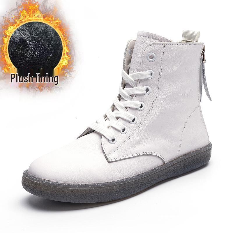 Women's Plus Size High-Top White Martin Boots - 2025 Versatile Autumn/Winter Flat-Bottom with Thickened Fleece and Double Zippers.
