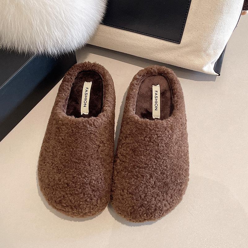 2025 autumn and winter new thick-soled fluffy slippers women's outer wear bag head plush one pedal lazy shoes cotton slippers