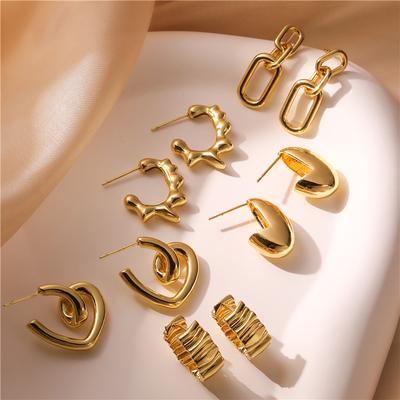 HECHENG,Creative Gold Color Geometric Irregular Hammered Earrings Vintage Twisted Hoop Earrings Set for Women Zircon