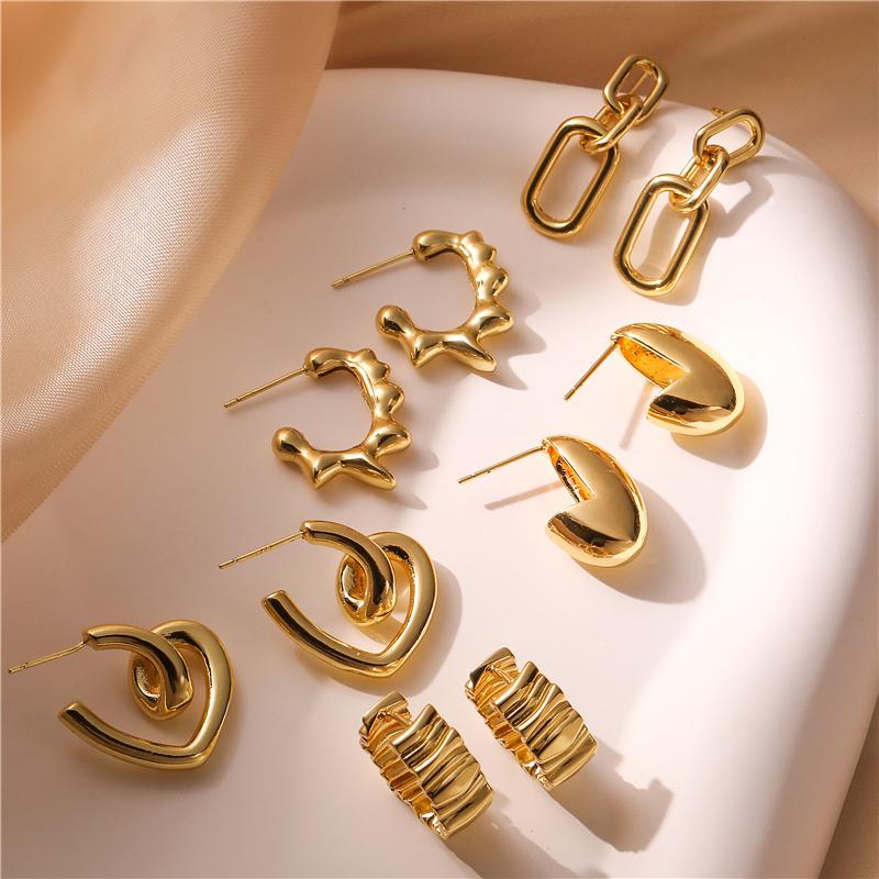 HECHENG,Creative Gold Color Geometric Irregular Hammered Earrings Vintage Twisted Hoop Earrings Set for Women Zircon