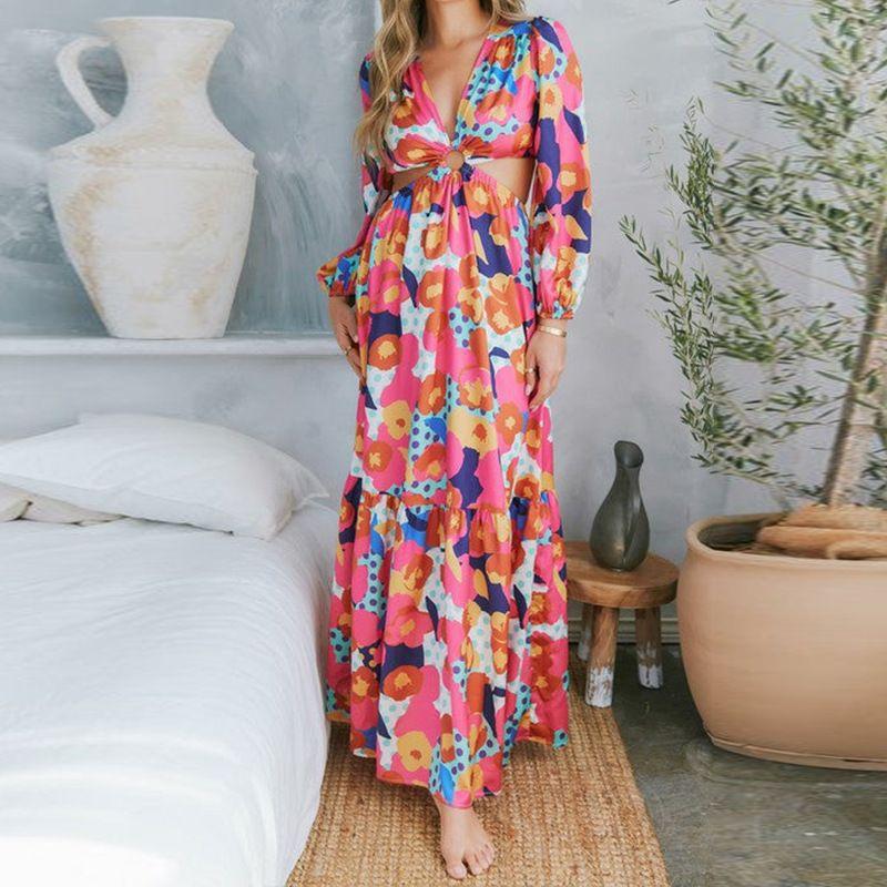 

2024 Temperament Casual Hollow out Print Dress Print Dress Pink Print 3XL