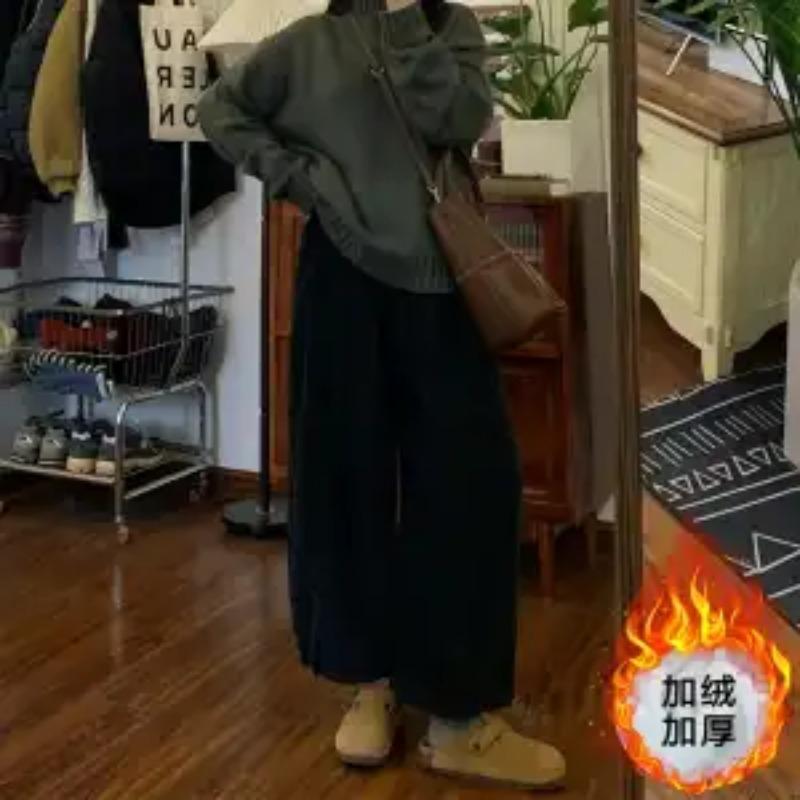 Korean High-waisted Corduroy Wide-leg Pants for Women Autumn Winter Thickened Velvet Loose and Versatile Casual Nine-point Pants
