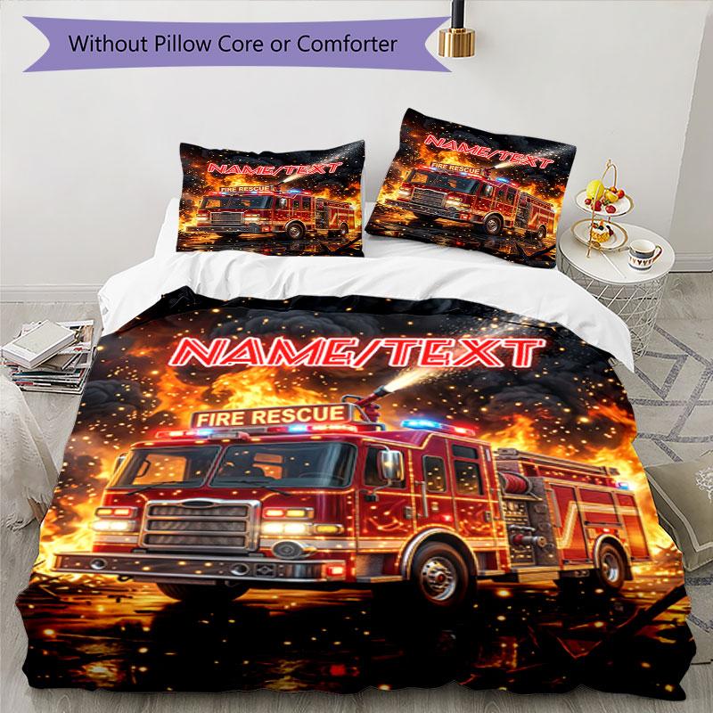 3PC Custom Name Fire Truck Action Bedding Set Duvet Cover Closure Includes 1 Duvet Cover & 2 Pillowcases for Bedroom