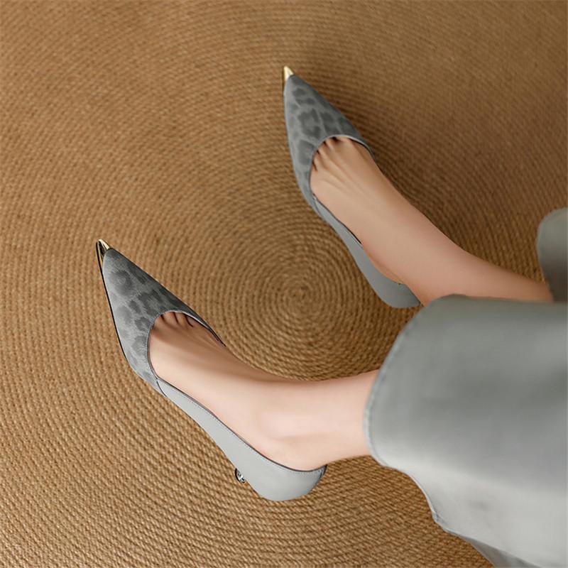 Fashion New Spring/summer Leopard Print Sheepskin High Heels Shallow Shoes for Women Fashion Metal Pointed Toe Women Pumps Shoes Women